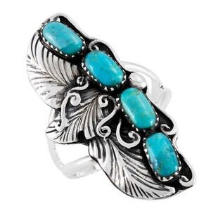 Oval Turquoise Feather Ring Sterling Silver Womens Southwest Statement Jewelry